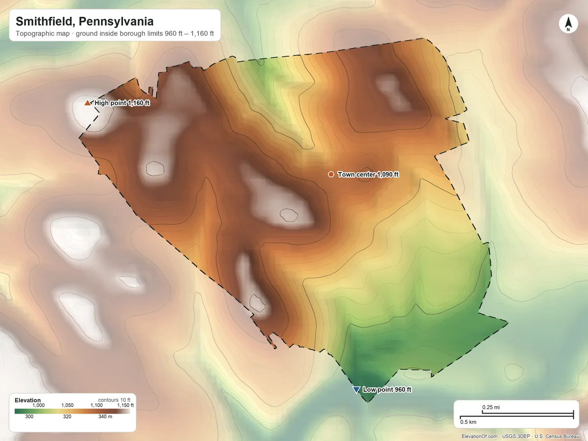 Topographic elevation map of Smithfield, Pennsylvania, shaded from 960 ft on the south side to 1,160 ft on the west side