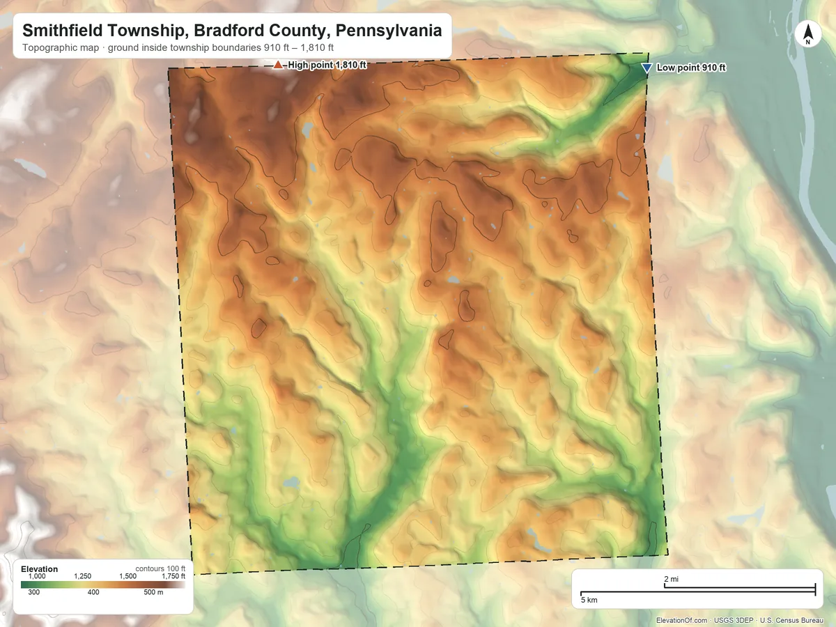 Topographic elevation map of Smithfield Township, Bradford County, Pennsylvania, shaded from 910 ft on the northeast side to 1,810 ft on the northwest side