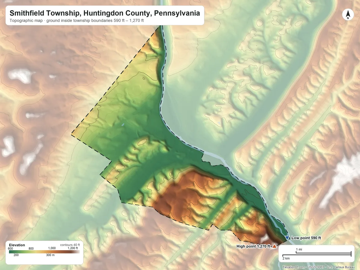 Topographic elevation map of Smithfield Township, Huntingdon County, Pennsylvania, shaded from 590 ft on the southeast side to 1,270 ft on the southeast edge, below higher ground just outside