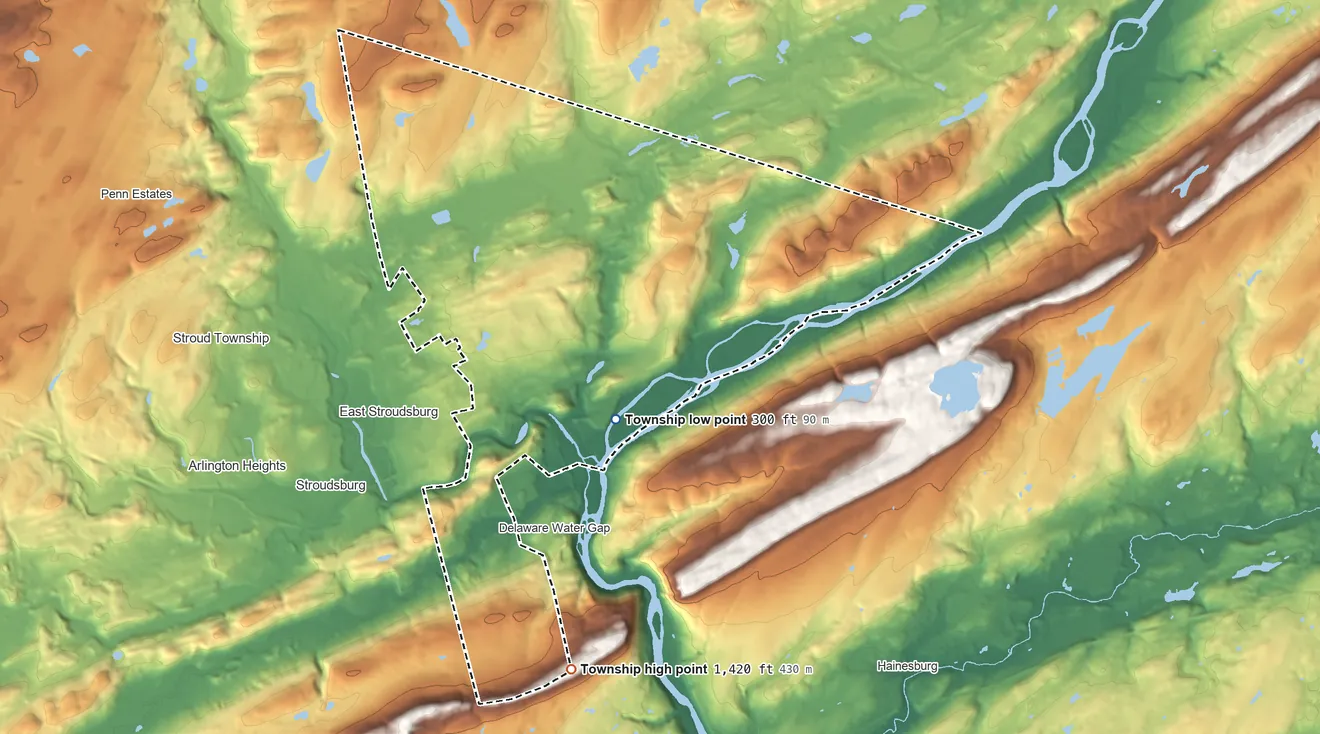 Topographic elevation map of Smithfield Township, Pennsylvania, shaded from 300 ft on the southeast side to 1,420 ft on the south side
