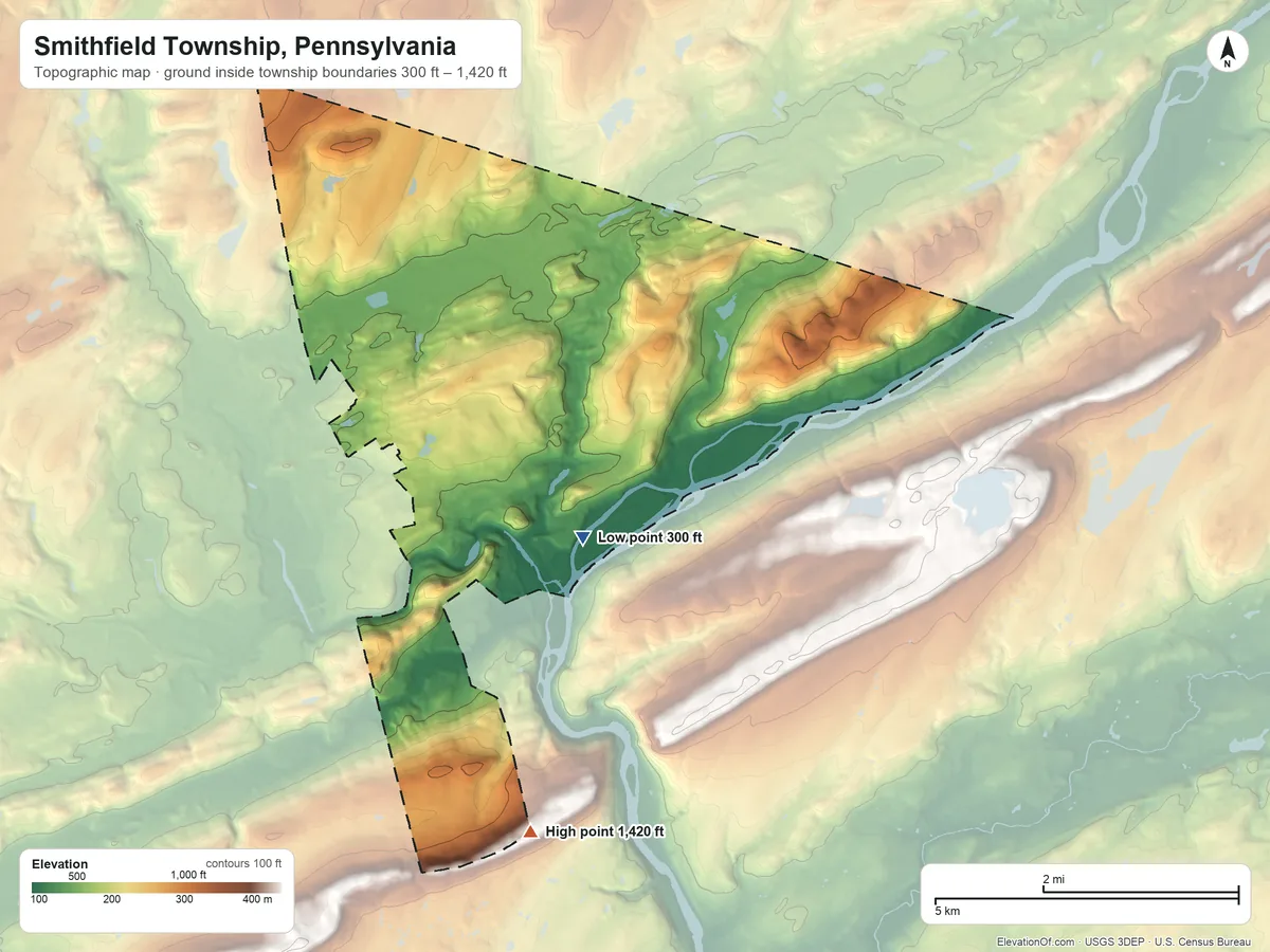 Topographic elevation map of Smithfield Township, Pennsylvania, shaded from 300 ft on the southeast side to 1,420 ft on the south side