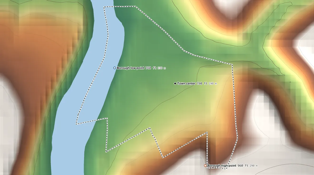 Topographic elevation map of Smithton, Pennsylvania, shaded from 760 ft on the west side to 960 ft on the south edge, below higher ground just outside