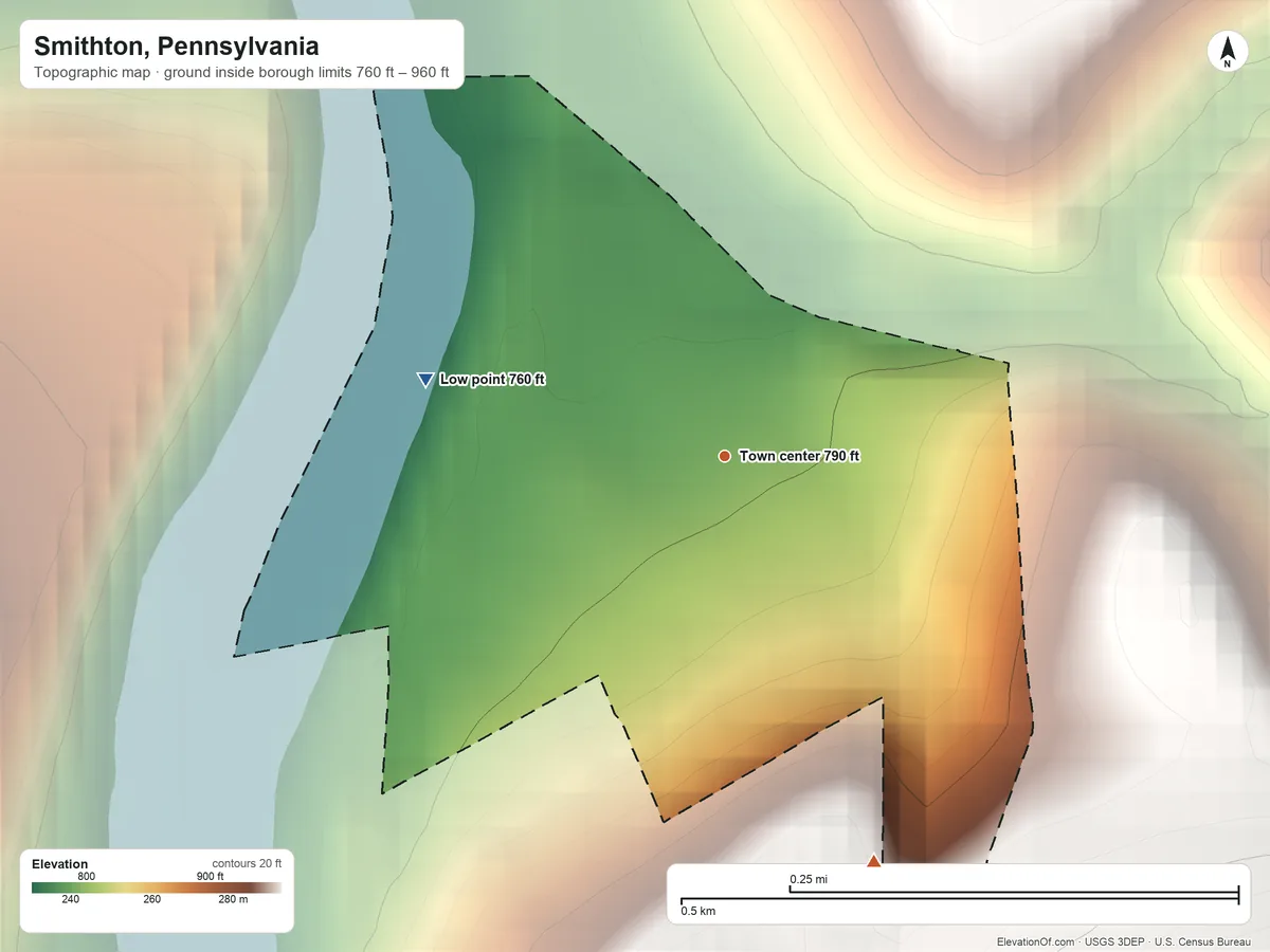 Topographic elevation map of Smithton, Pennsylvania, shaded from 760 ft on the west side to 960 ft on the south edge, below higher ground just outside