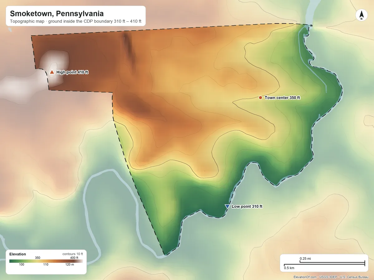 Topographic elevation map of Smoketown, Pennsylvania, shaded from 310 ft on the south side to 410 ft on the west side