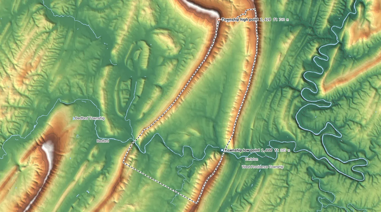 Topographic elevation map of Snake Spring Township, Pennsylvania, shaded from 1,000 ft on the southeast side to 2,420 ft on the north side