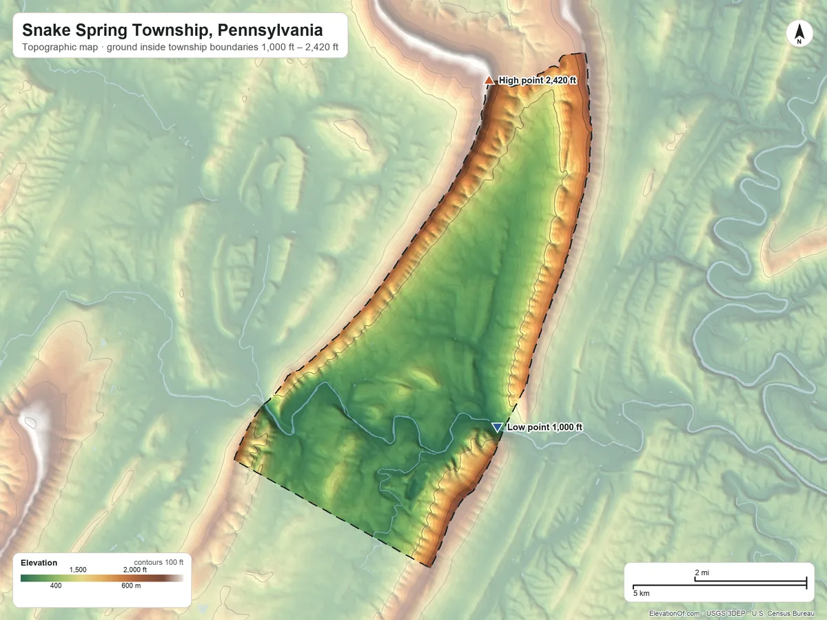 Topographic elevation map of Snake Spring Township, Pennsylvania, shaded from 1,000 ft on the southeast side to 2,420 ft on the north side