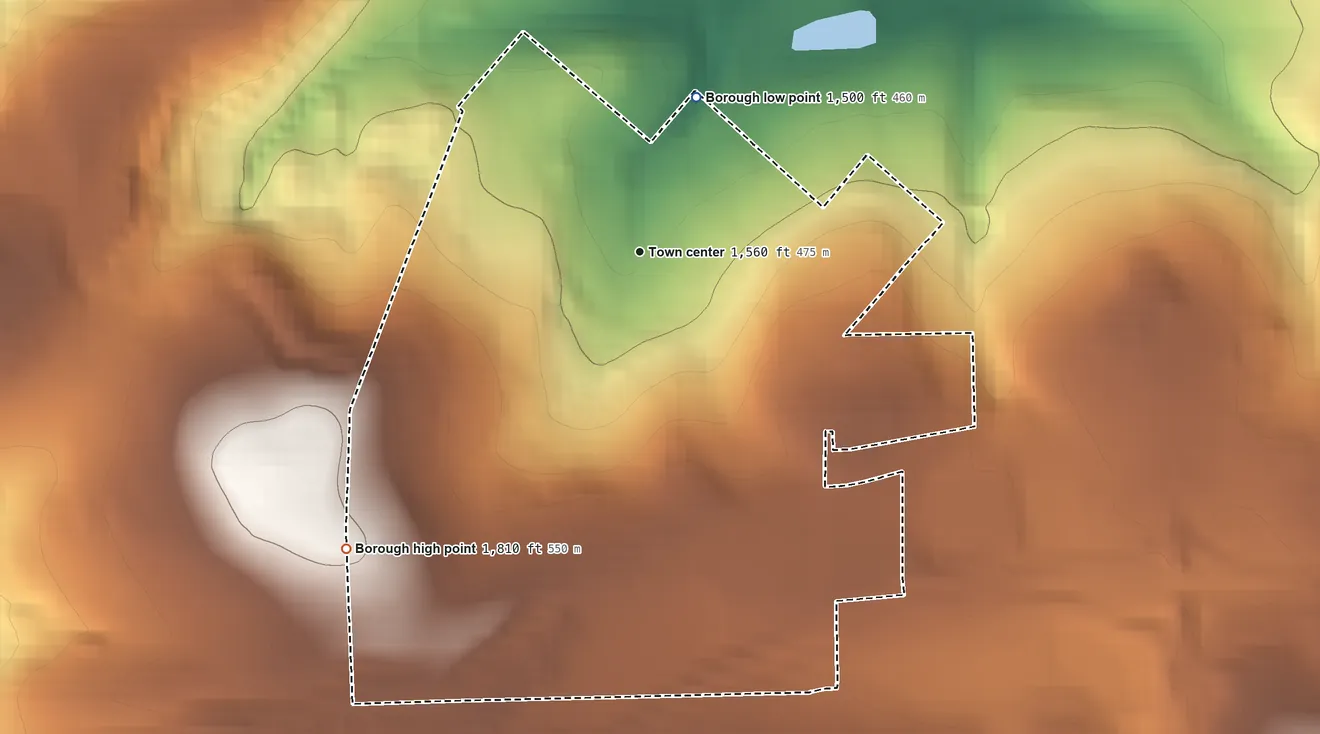 Topographic elevation map of Snow Shoe, Pennsylvania, shaded from 1,500 ft on the north side to 1,810 ft on the southwest edge, below higher ground just outside