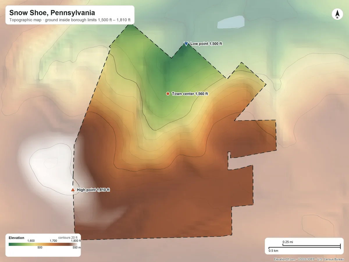 Topographic elevation map of Snow Shoe, Pennsylvania, shaded from 1,500 ft on the north side to 1,810 ft on the southwest edge, below higher ground just outside