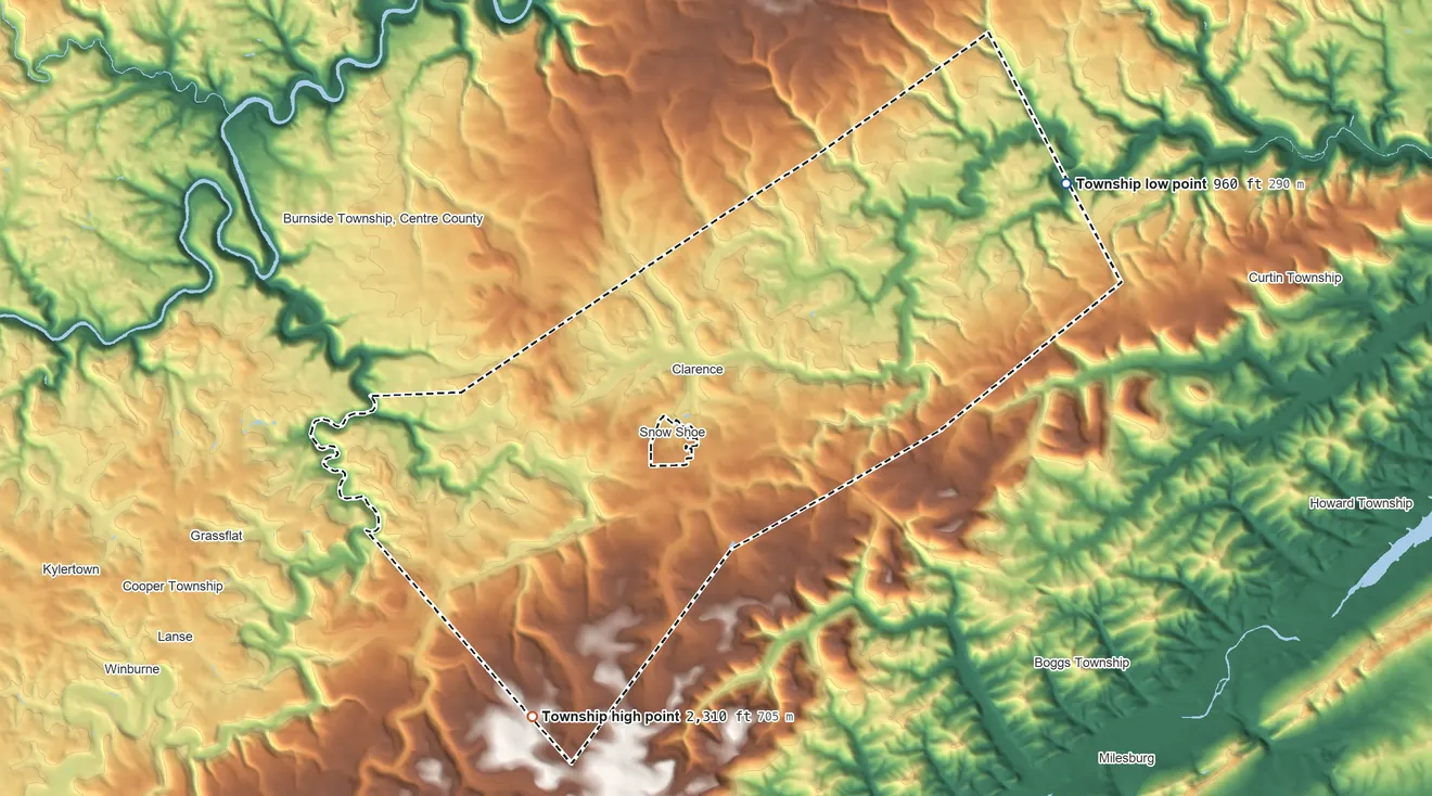 Topographic elevation map of Snow Shoe Township, Pennsylvania, shaded from 960 ft on the northeast side to 2,310 ft on the south side