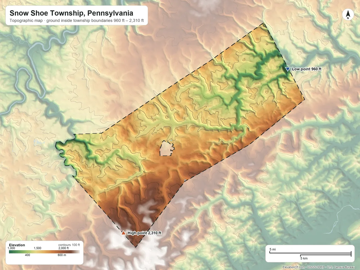 Topographic elevation map of Snow Shoe Township, Pennsylvania, shaded from 960 ft on the northeast side to 2,310 ft on the south side