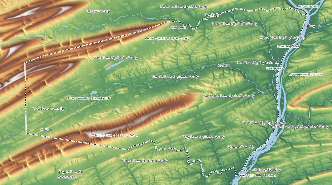 Topographic elevation map of Snyder County, Pennsylvania, shaded from 390 ft on the southeast side to 2,190 ft on the southwest side