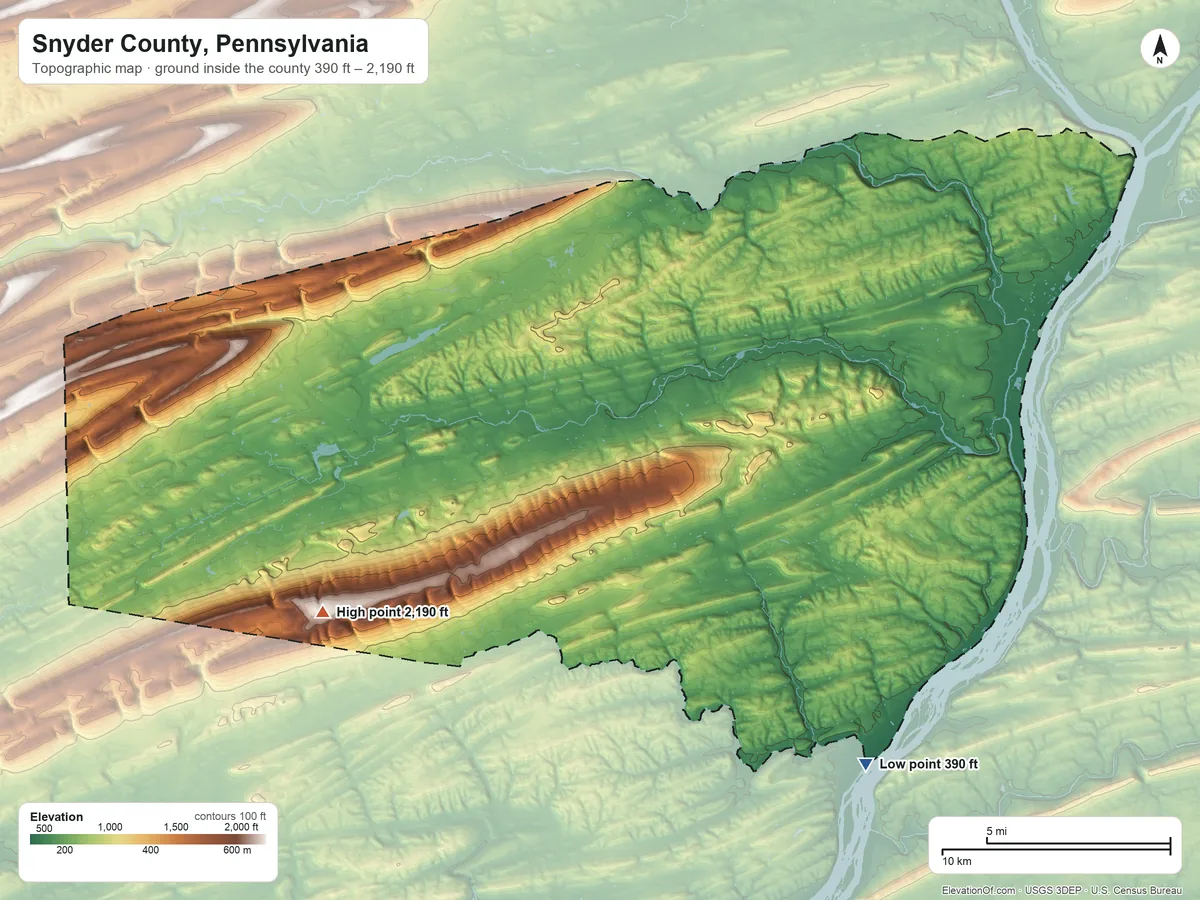 Topographic elevation map of Snyder County, Pennsylvania, shaded from 390 ft on the southeast side to 2,190 ft on the southwest side
