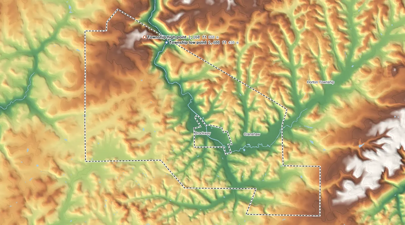 Topographic elevation map of Snyder Township, Jefferson County, Pennsylvania, shaded from 1,400 ft on the northwest side to 2,160 ft on the northwest side