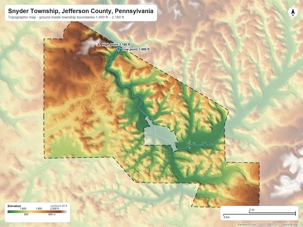Topographic elevation map of Snyder Township, Jefferson County, Pennsylvania, shaded from 1,400 ft on the northwest side to 2,160 ft on the northwest side