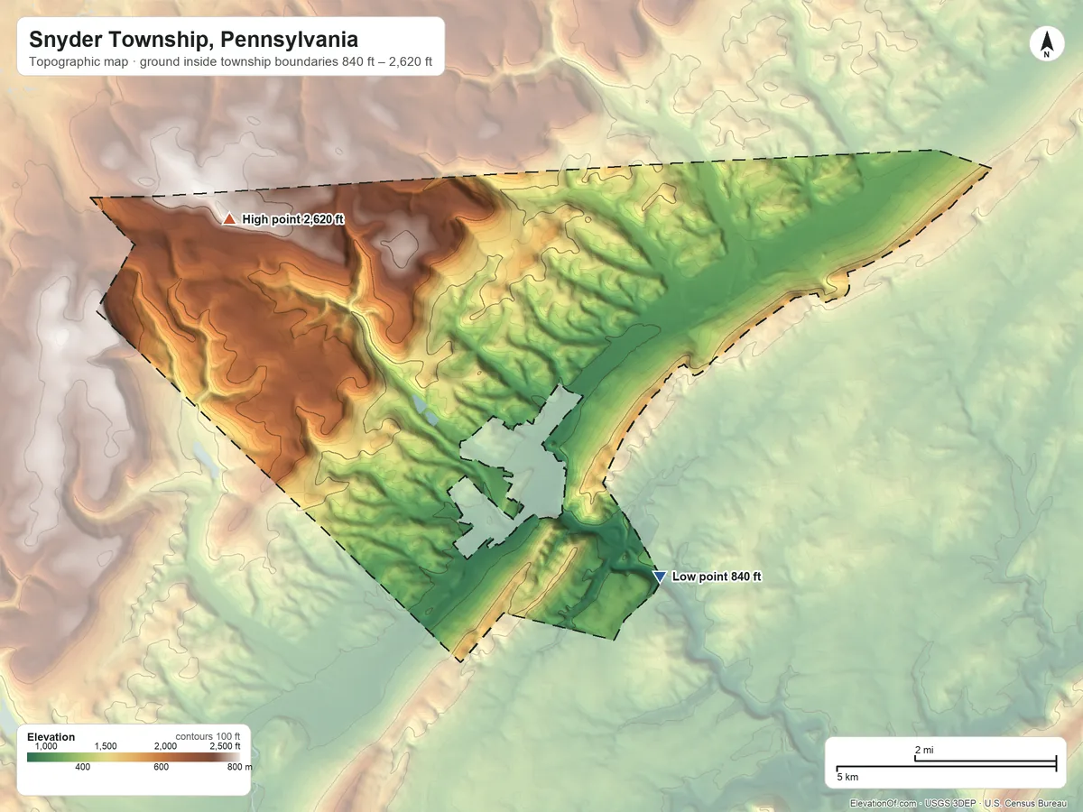 Topographic elevation map of Snyder Township, Pennsylvania, shaded from 840 ft on the southeast side to 2,620 ft on the northwest side