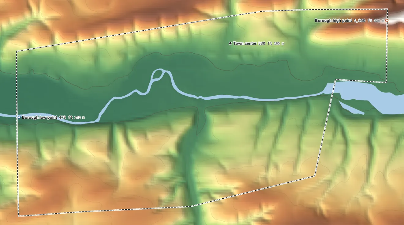 Topographic elevation map of Borough of Snydertown, Pennsylvania, shaded from 470 ft on the west side to 1,050 ft on the east side