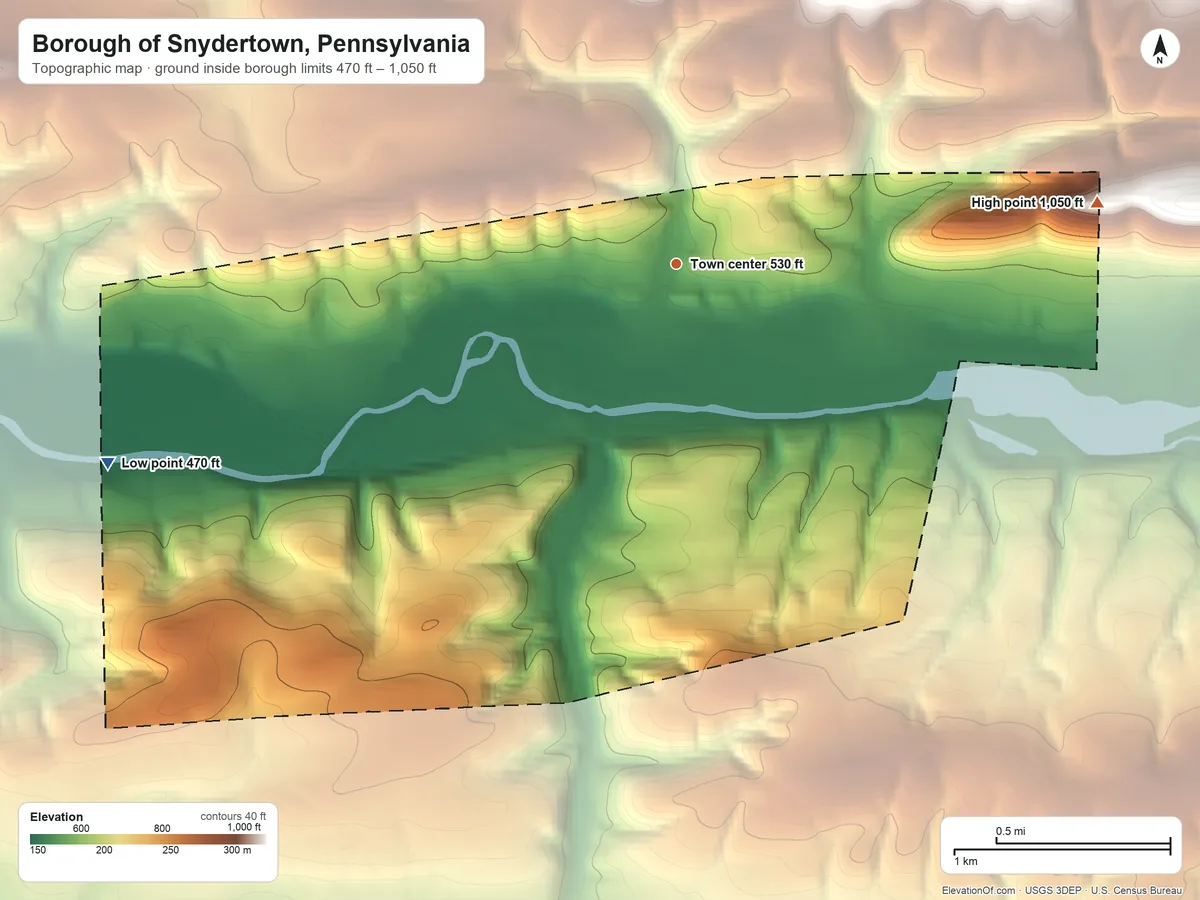 Topographic elevation map of Borough of Snydertown, Pennsylvania, shaded from 470 ft on the west side to 1,050 ft on the east side