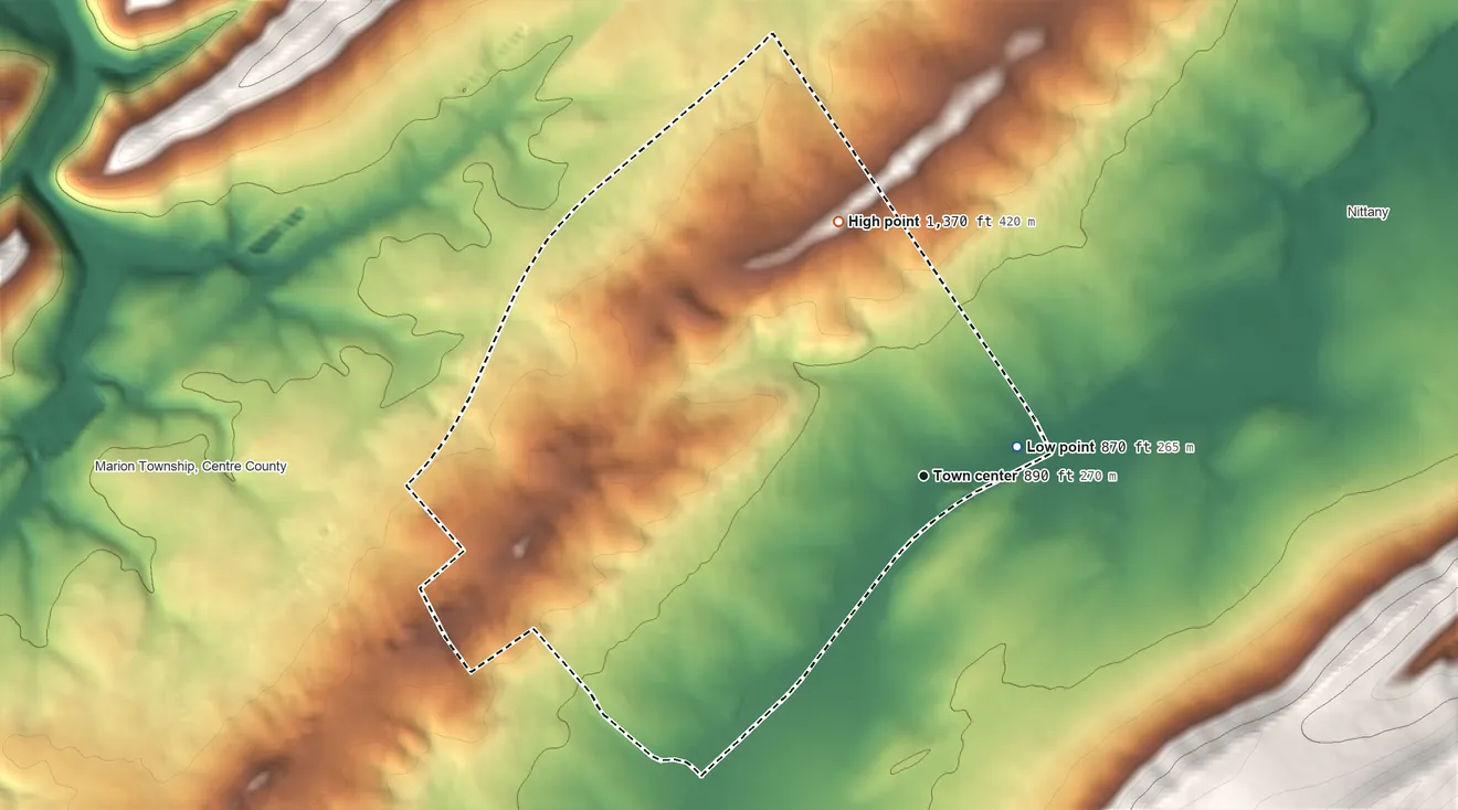 Topographic elevation map of Snydertown, Pennsylvania, shaded from 870 ft near the middle to 1,370 ft on the north side