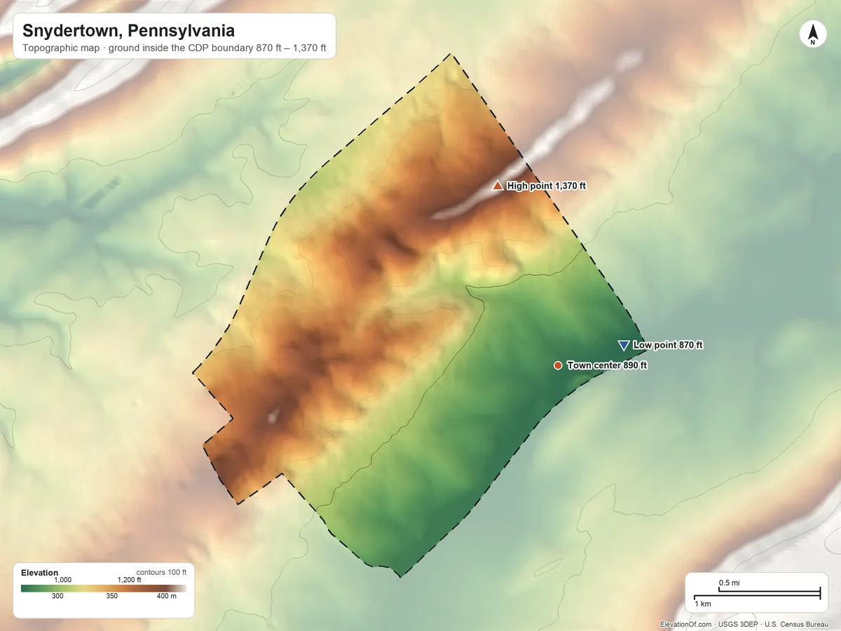 Topographic elevation map of Snydertown, Pennsylvania, shaded from 870 ft near the middle to 1,370 ft on the north side