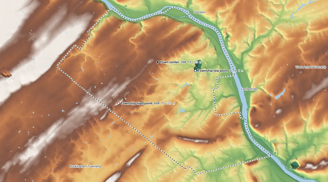 Topographic elevation map of Solebury Township, Pennsylvania, shaded from 1 ft on the east side to 480 ft on the southwest side
