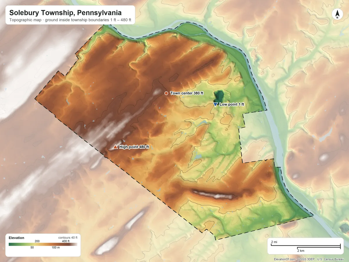 Topographic elevation map of Solebury Township, Pennsylvania, shaded from 1 ft on the east side to 480 ft on the southwest side