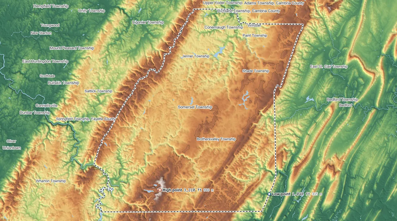 Topographic elevation map of Somerset County, Pennsylvania, shaded from 1,040 ft on the southeast side to 3,210 ft on Mount Davis