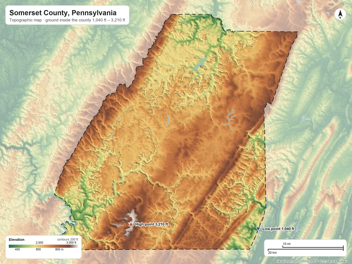 Topographic elevation map of Somerset County, Pennsylvania, shaded from 1,040 ft on the southeast side to 3,210 ft on Mount Davis