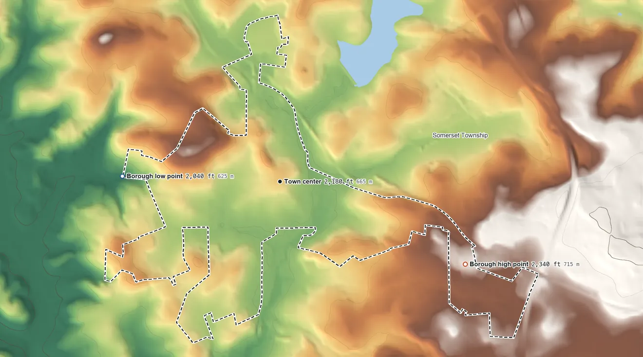Topographic elevation map of Somerset, Pennsylvania, shaded from 2,040 ft on the west side to 2,340 ft on the southeast side