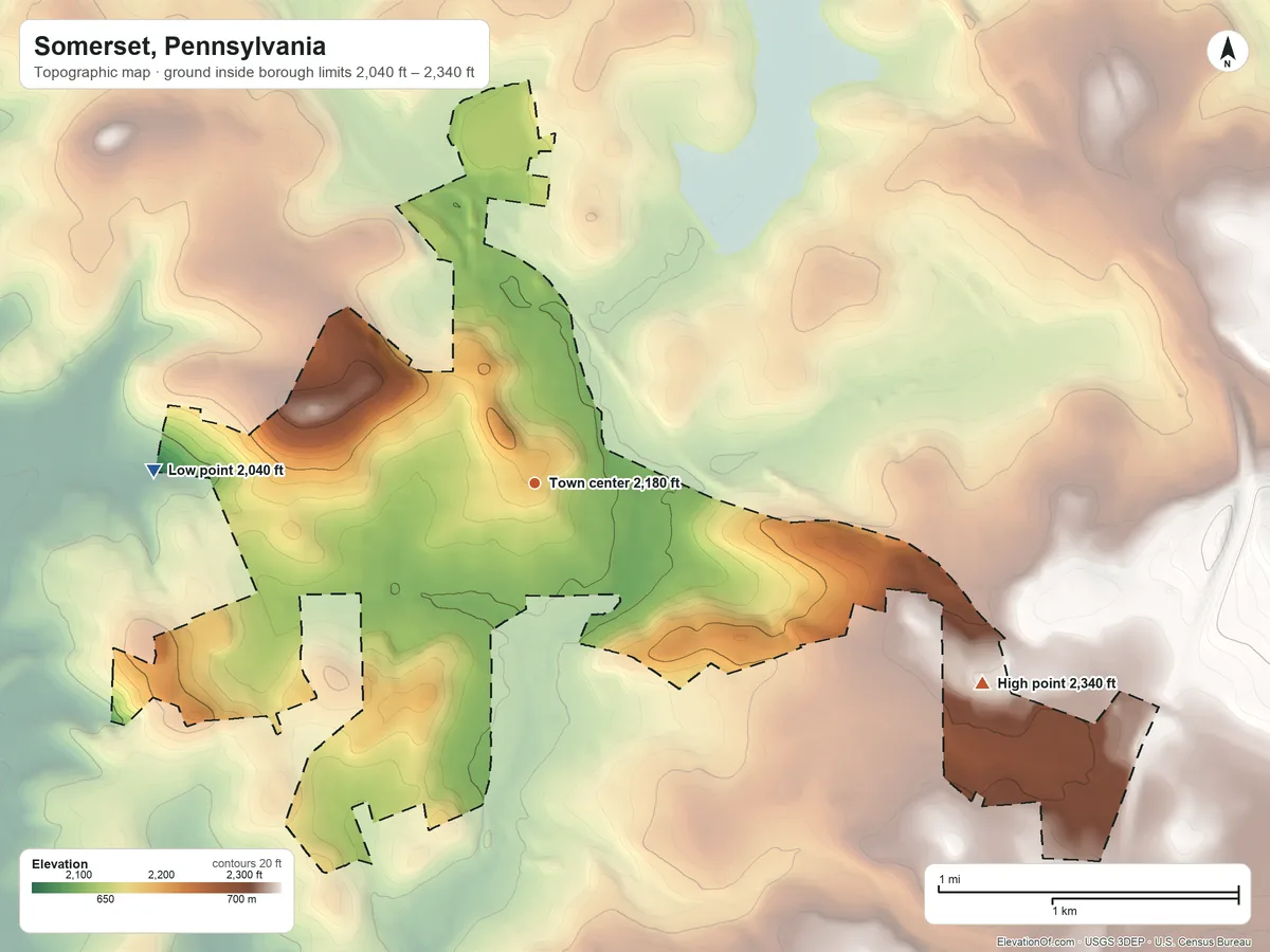 Topographic elevation map of Somerset, Pennsylvania, shaded from 2,040 ft on the west side to 2,340 ft on the southeast side