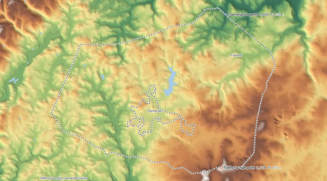 Topographic elevation map of Somerset Township, Pennsylvania, shaded from 1,840 ft on the northeast side to 2,710 ft on the southeast side