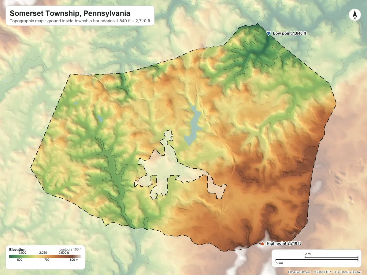 Topographic elevation map of Somerset Township, Pennsylvania, shaded from 1,840 ft on the northeast side to 2,710 ft on the southeast side