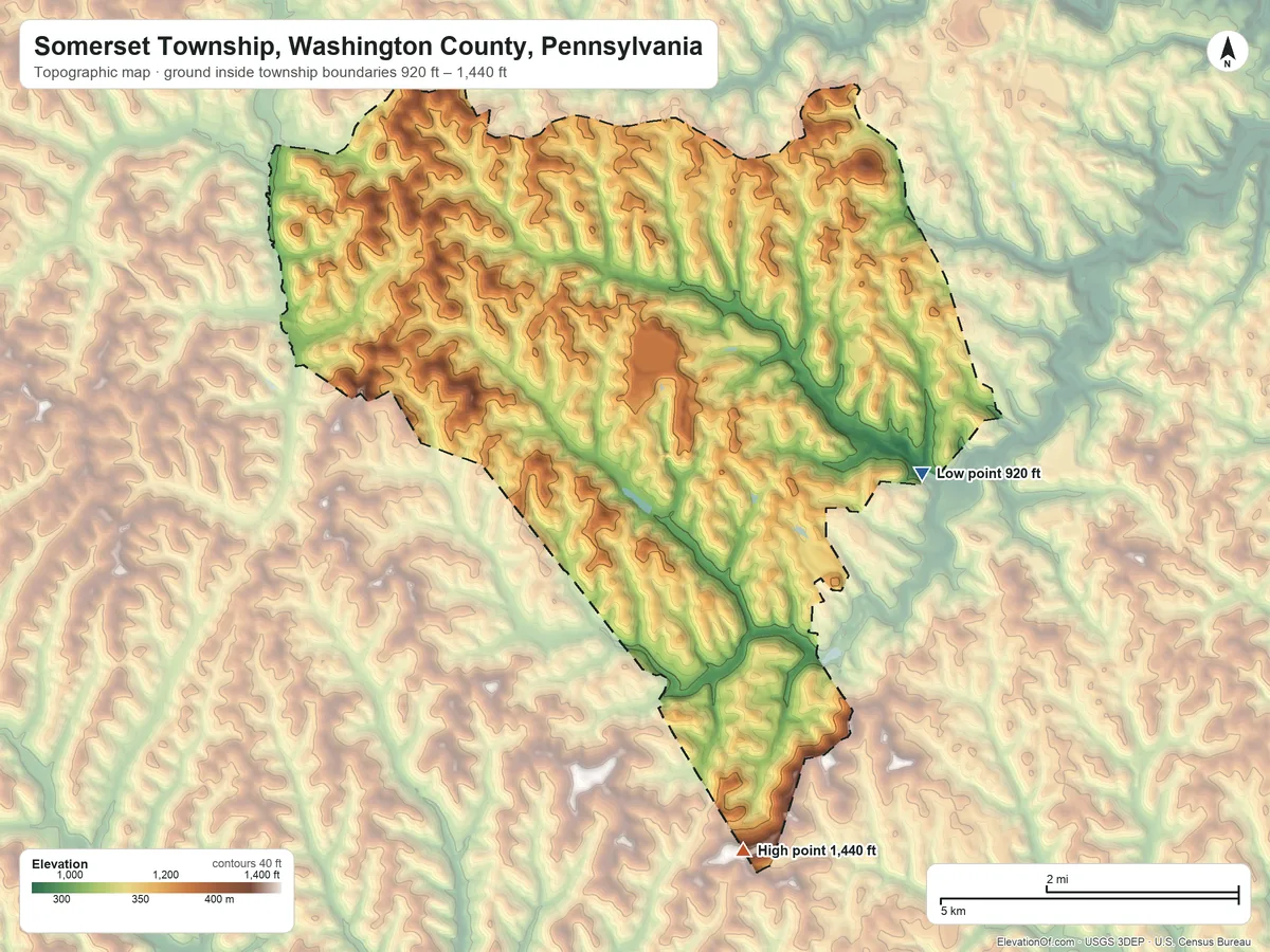 Topographic elevation map of Somerset Township, Washington County, Pennsylvania, shaded from 920 ft on the east side to 1,440 ft on the south side