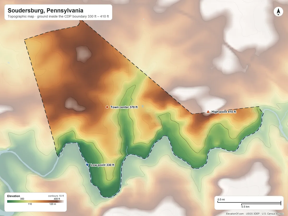 Topographic elevation map of Soudersburg, Pennsylvania, shaded from 330 ft on the south side to 410 ft on the east side