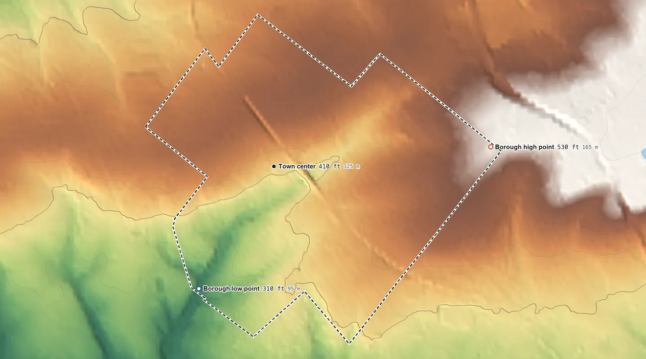 Topographic elevation map of Souderton, Pennsylvania, shaded from 310 ft on the southwest side to 530 ft on the east side