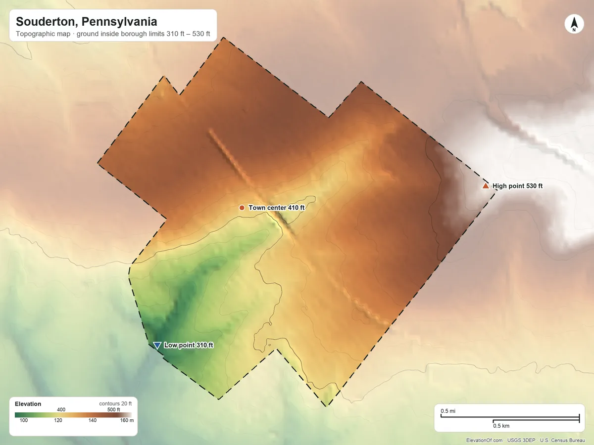 Topographic elevation map of Souderton, Pennsylvania, shaded from 310 ft on the southwest side to 530 ft on the east side