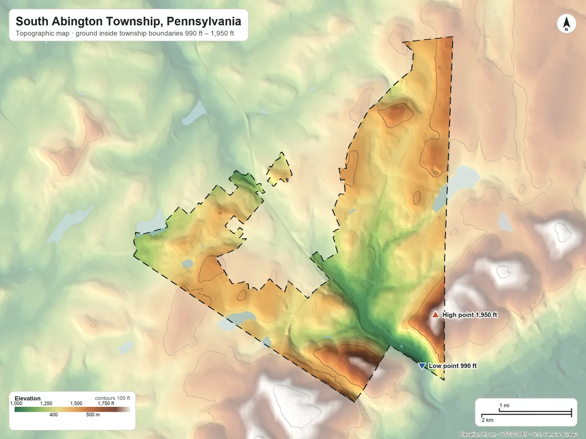 Topographic elevation map of South Abington Township, Pennsylvania, shaded from 990 ft on the southeast side to 1,950 ft on the southeast side