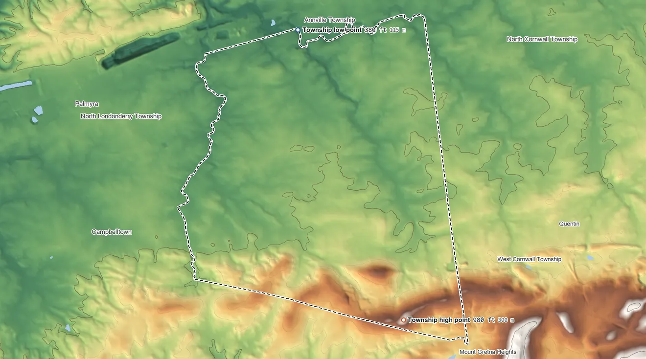 Topographic elevation map of South Annville Township, Pennsylvania, shaded from 380 ft on the north side to 980 ft on the southeast side