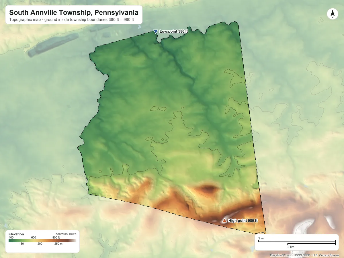 Topographic elevation map of South Annville Township, Pennsylvania, shaded from 380 ft on the north side to 980 ft on the southeast side