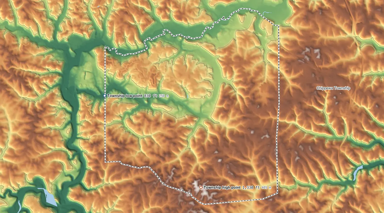 Topographic elevation map of South Beaver Township, Pennsylvania, shaded from 830 ft on the west side to 1,330 ft on the south side