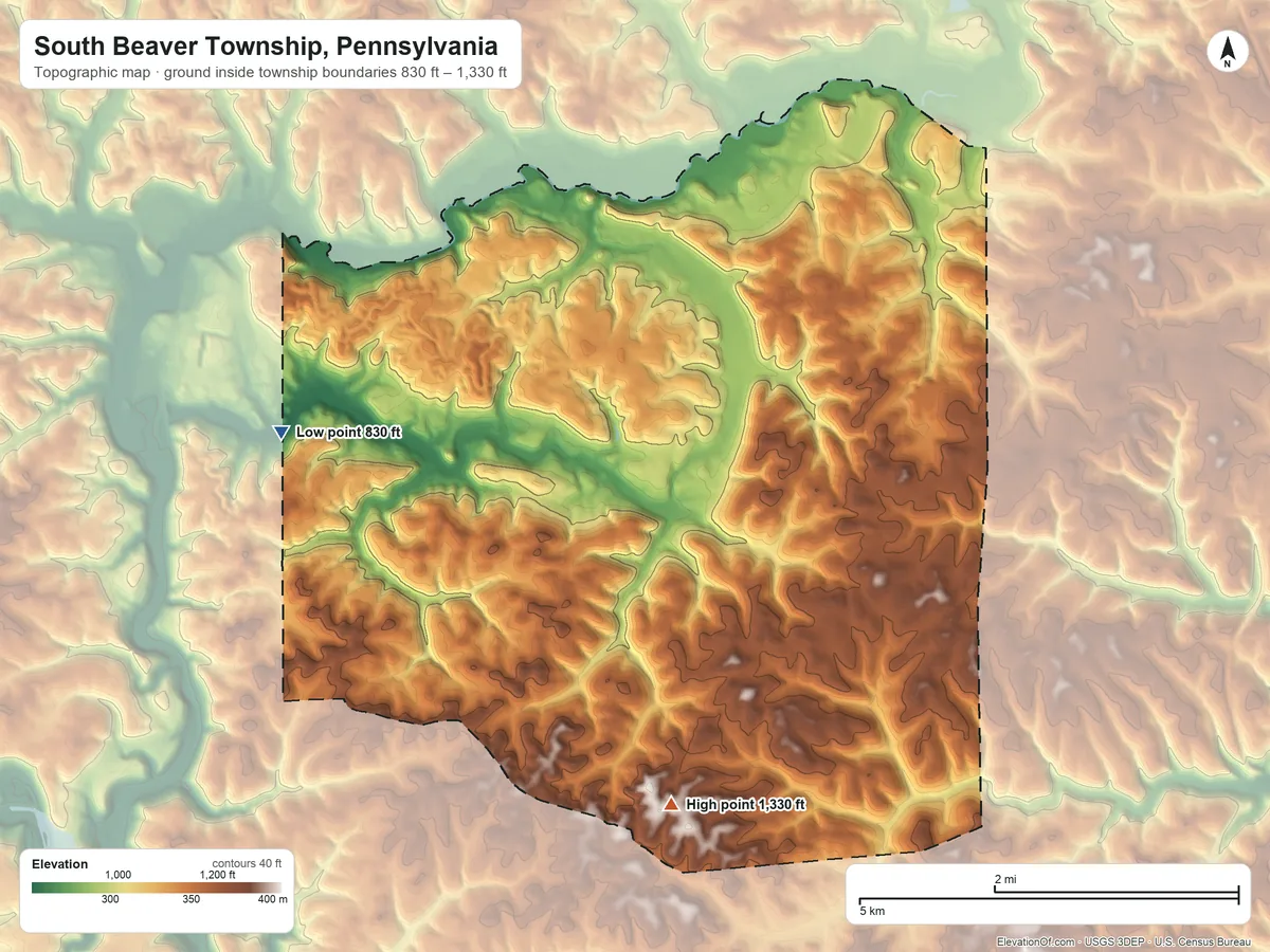 Topographic elevation map of South Beaver Township, Pennsylvania, shaded from 830 ft on the west side to 1,330 ft on the south side
