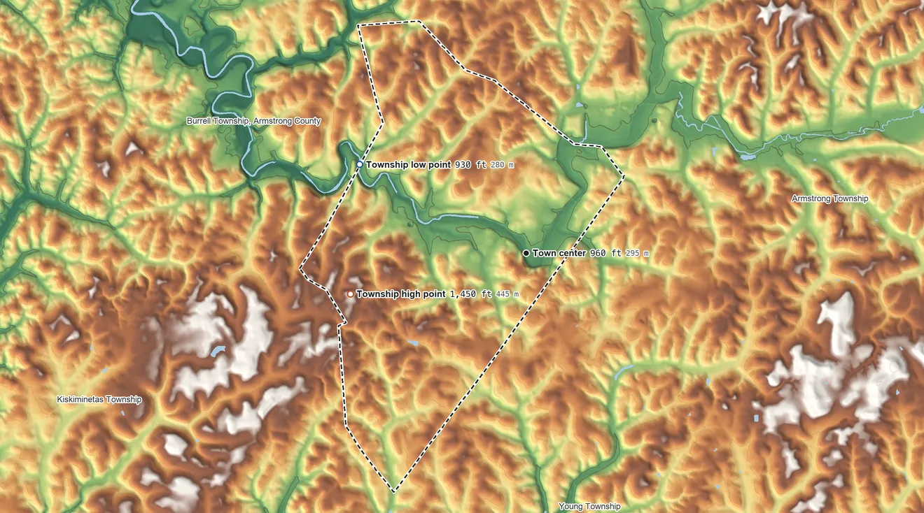 Topographic elevation map of South Bend Township, Pennsylvania, shaded from 930 ft on the northwest side to 1,450 ft on the west side