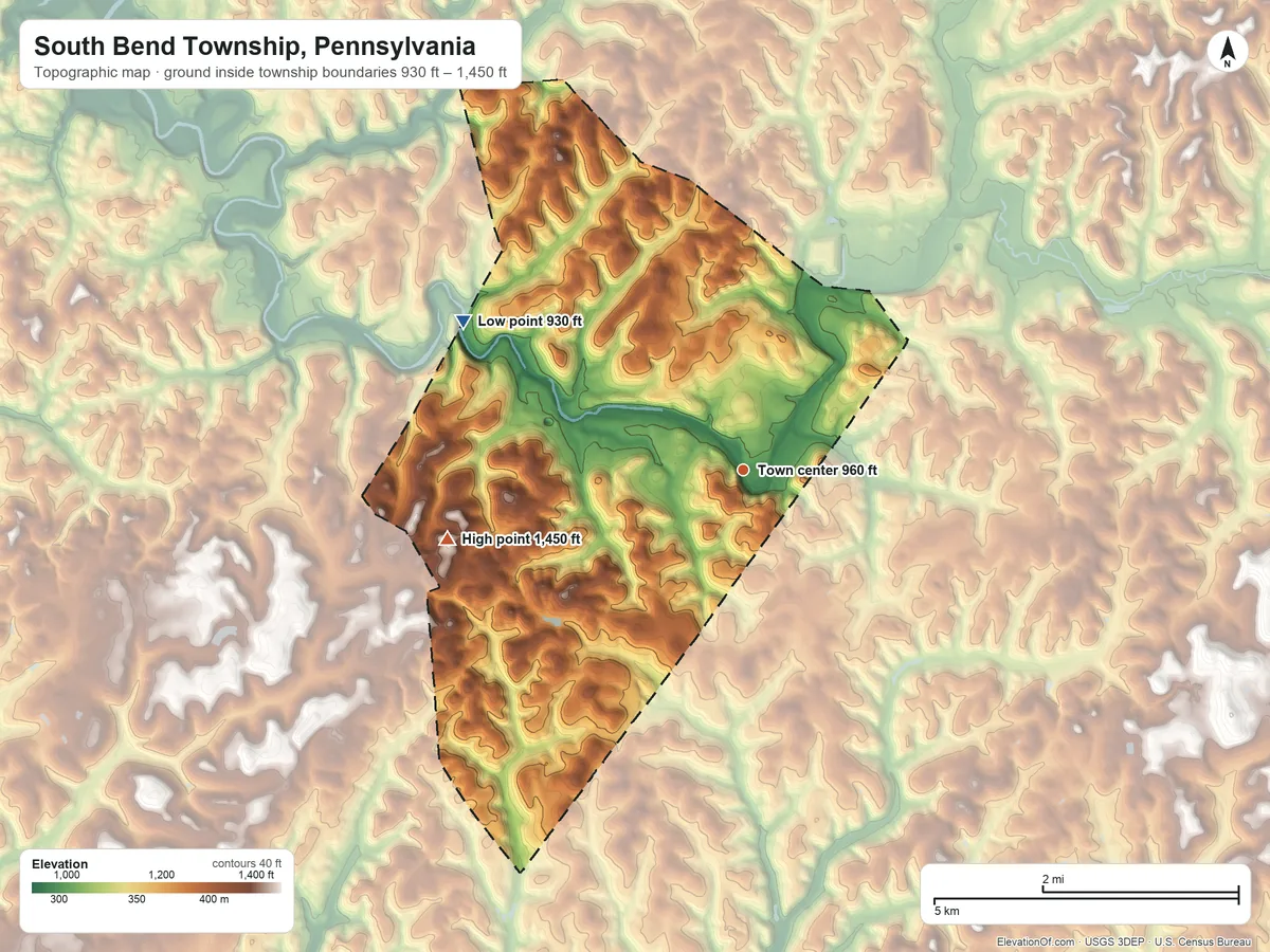 Topographic elevation map of South Bend Township, Pennsylvania, shaded from 930 ft on the northwest side to 1,450 ft on the west side