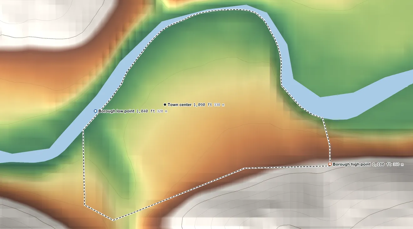 Topographic elevation map of South Bethlehem, Pennsylvania, shaded from 1,040 ft on the west side to 1,180 ft on the east edge, below higher ground just outside