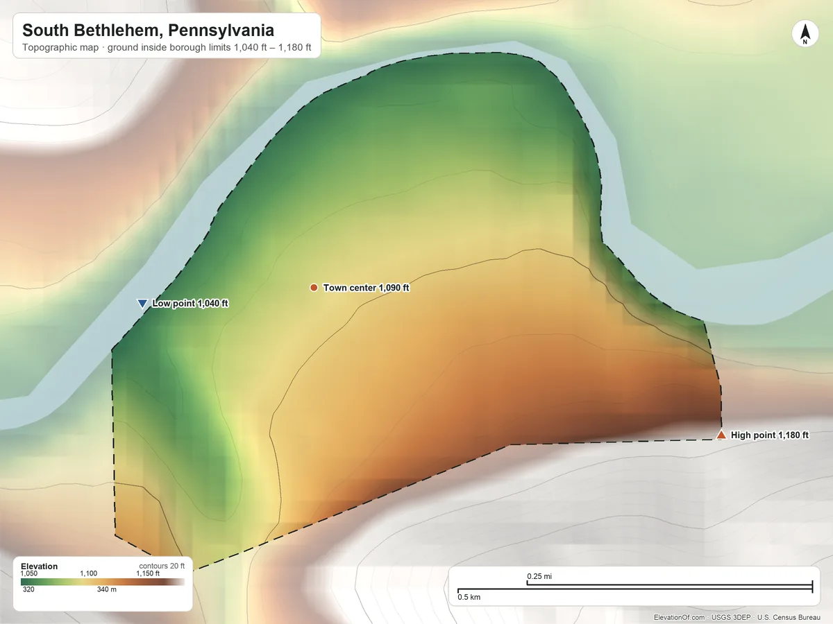 Topographic elevation map of South Bethlehem, Pennsylvania, shaded from 1,040 ft on the west side to 1,180 ft on the east edge, below higher ground just outside