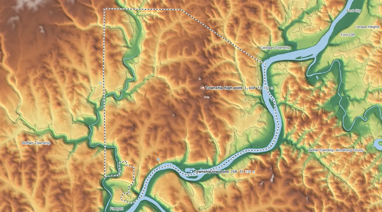 Topographic elevation map of South Buffalo Township, Pennsylvania, shaded from 760 ft on the south side to 1,440 ft on the northeast side