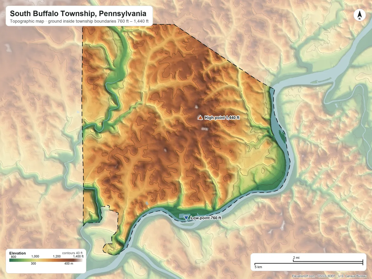 Topographic elevation map of South Buffalo Township, Pennsylvania, shaded from 760 ft on the south side to 1,440 ft on the northeast side