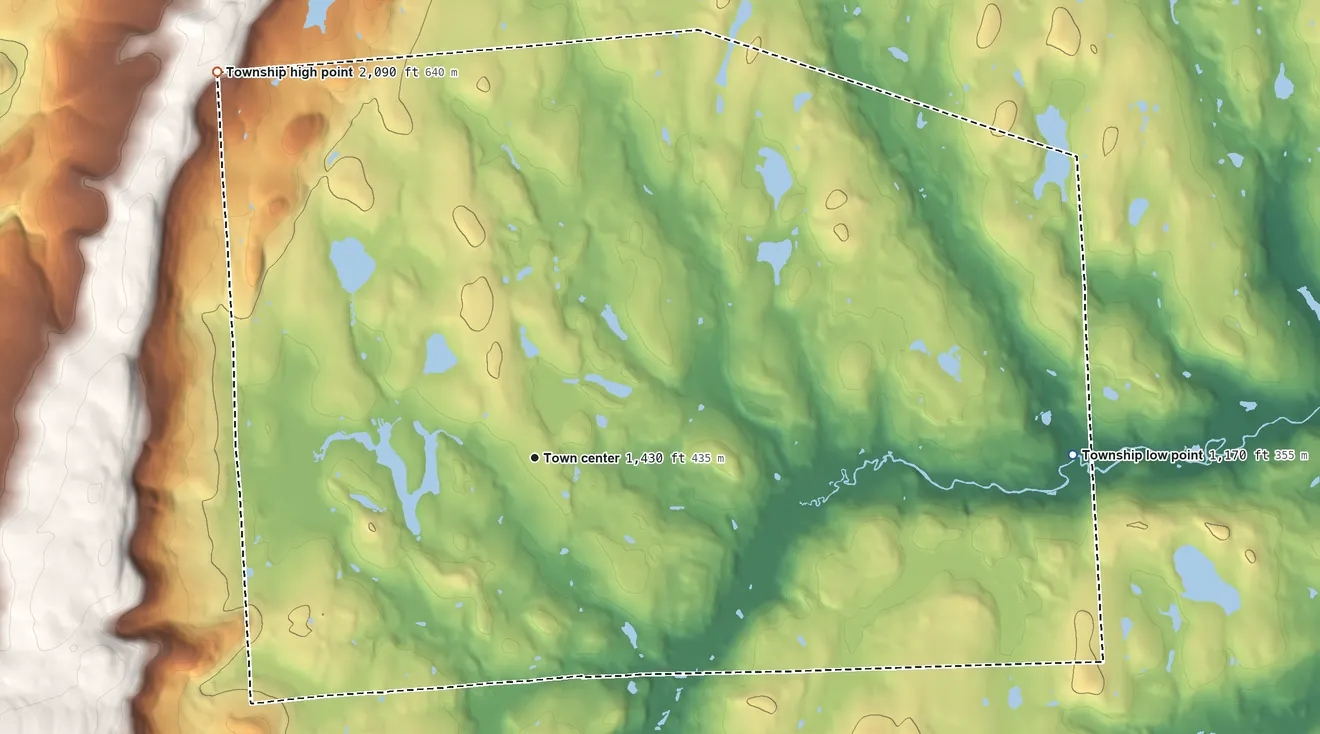 Topographic elevation map of South Canaan Township, Pennsylvania, shaded from 1,170 ft on the east side to 2,090 ft on the northwest side
