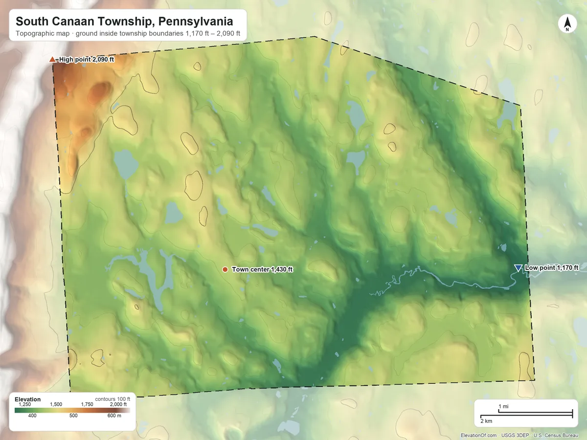 Topographic elevation map of South Canaan Township, Pennsylvania, shaded from 1,170 ft on the east side to 2,090 ft on the northwest side