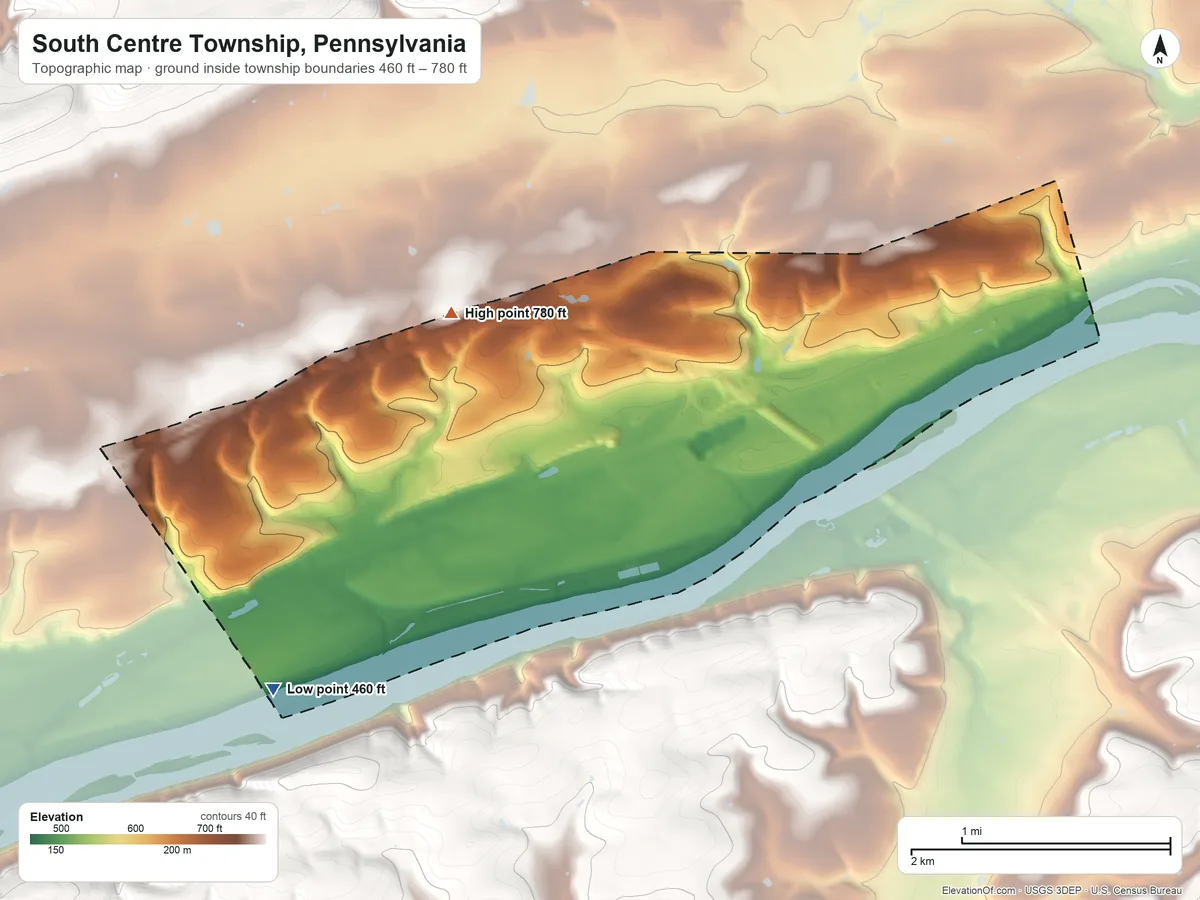 Topographic elevation map of South Centre Township, Pennsylvania, shaded from 460 ft on the southwest side to 780 ft at the foot of the Little Mountain