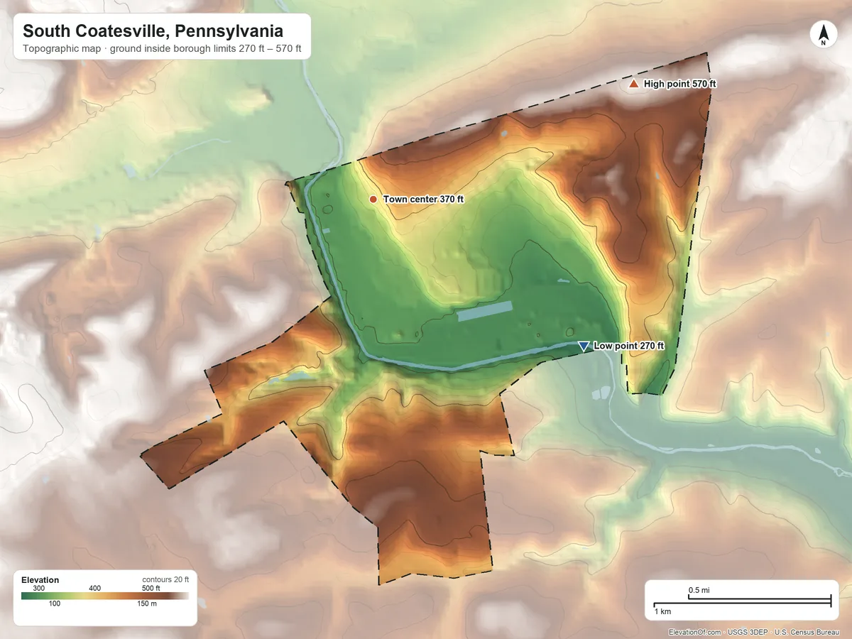 Topographic elevation map of South Coatesville, Pennsylvania, shaded from 270 ft on the southeast side to 570 ft on the northeast side
